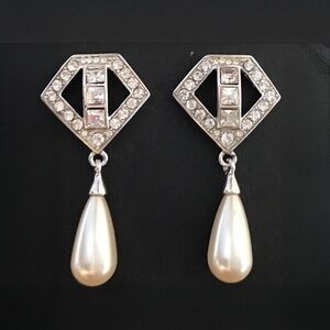 Vintage Custom Zirconia Elongated Faux Pearl Dressy Earrings for Pierced Ears